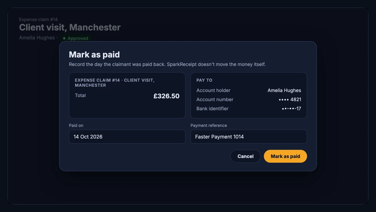 The Mark as paid dialog with the claim total in pounds, the payee's bank details, the paid-on date, and a payment reference