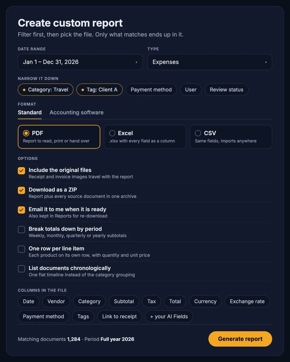 The Create custom report dialog in SparkReceipt with date range, category and tag filters, format choice and export options