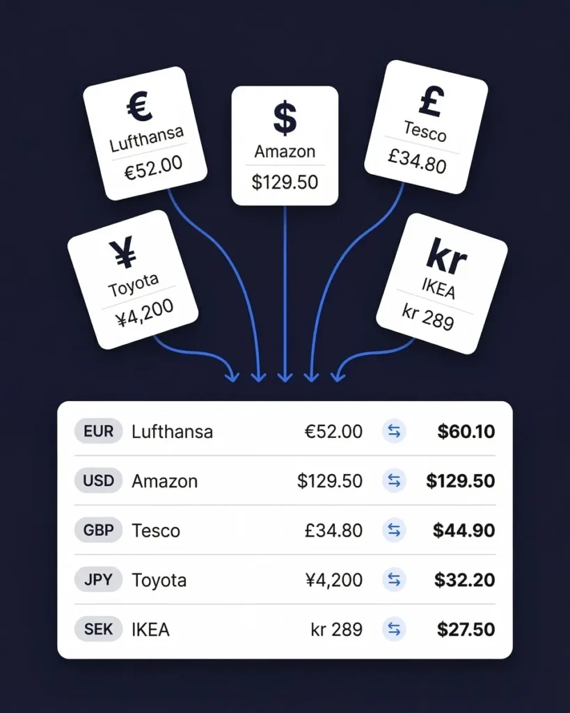 Kuluraportit 150+ valuutassa