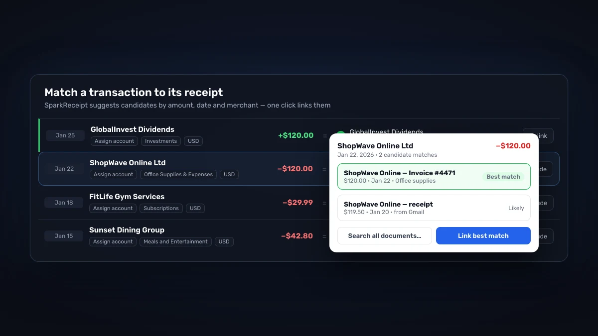 Selecting a receipt for a bank transaction with AI-suggested candidate matches