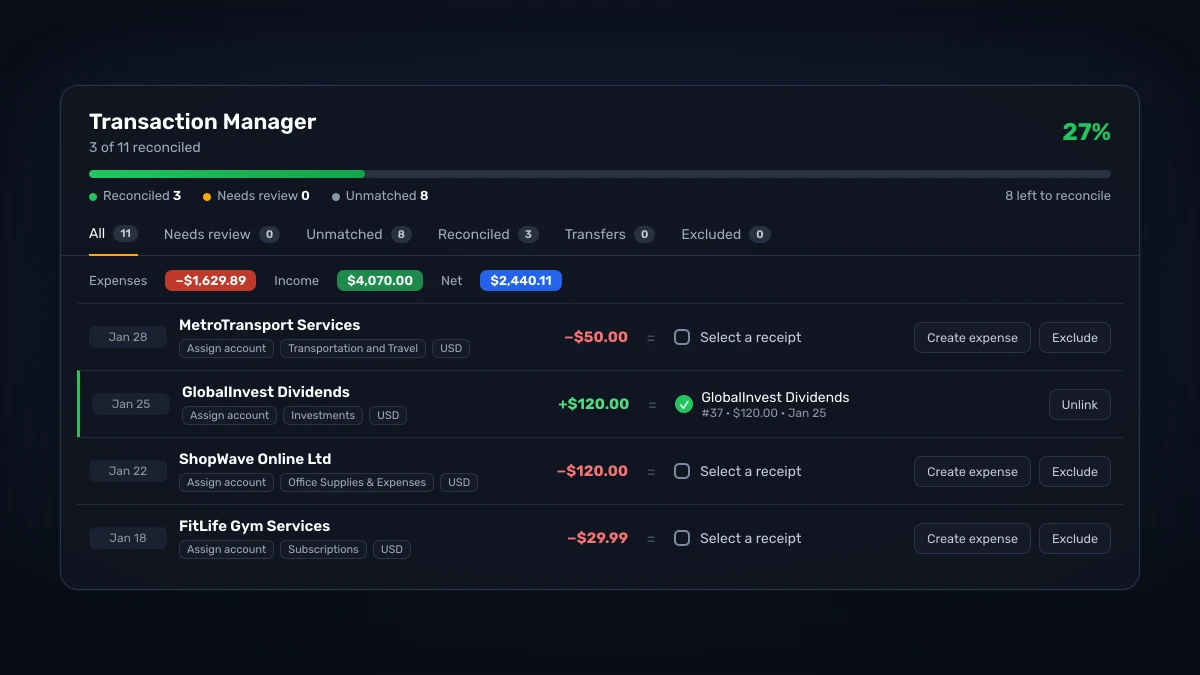 Transaction Manager overview with a reconciliation progress bar, totals, and matched and unmatched transactions