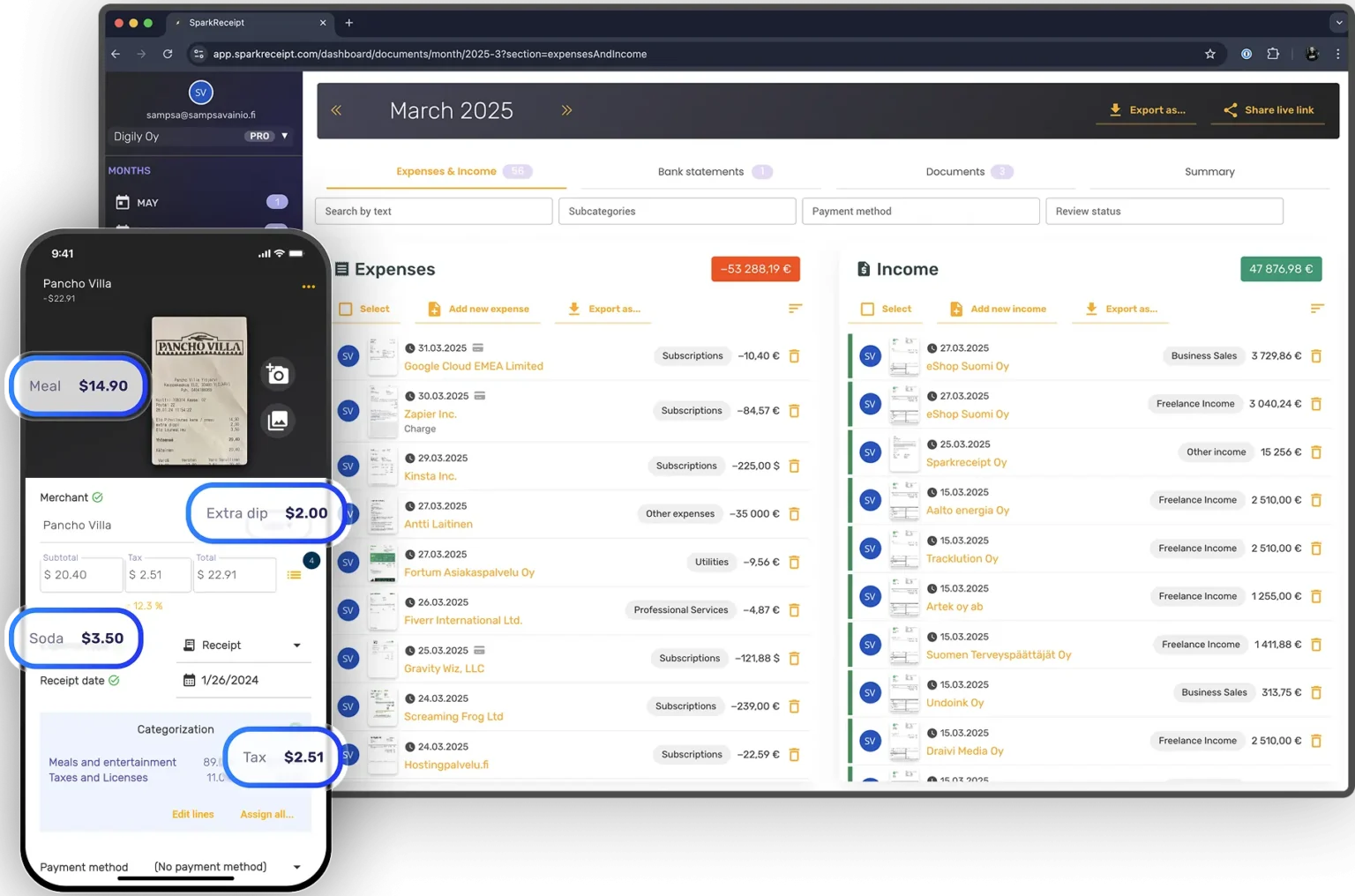 SparkReceipt screenshots of mobile and web apps