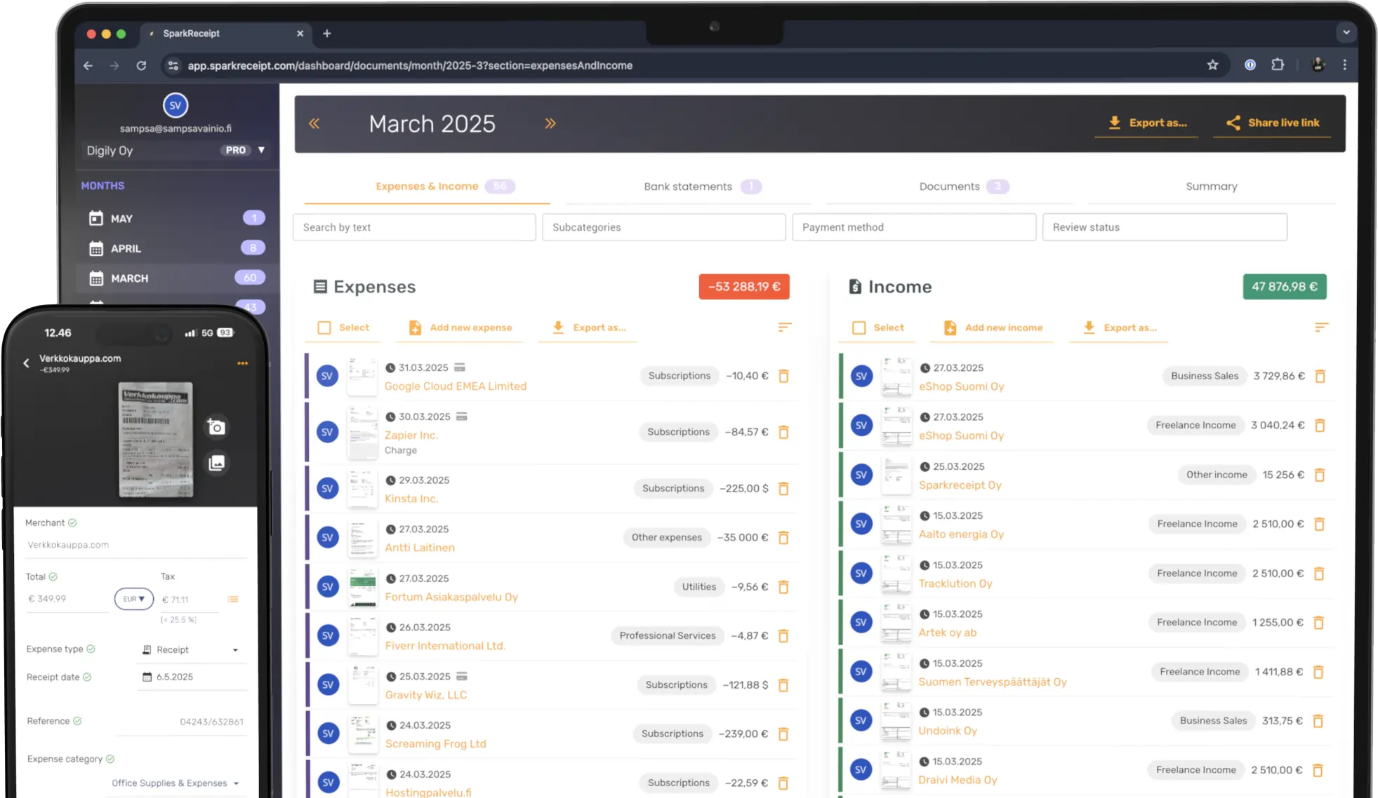 Screenshots of SparkReceipt mobile app and web platform
